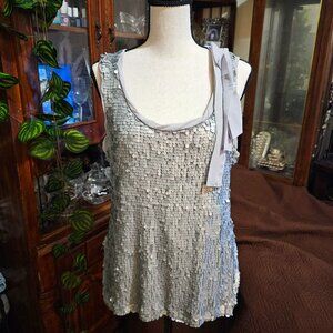 New York & Company Grey Sequin Top with Bow